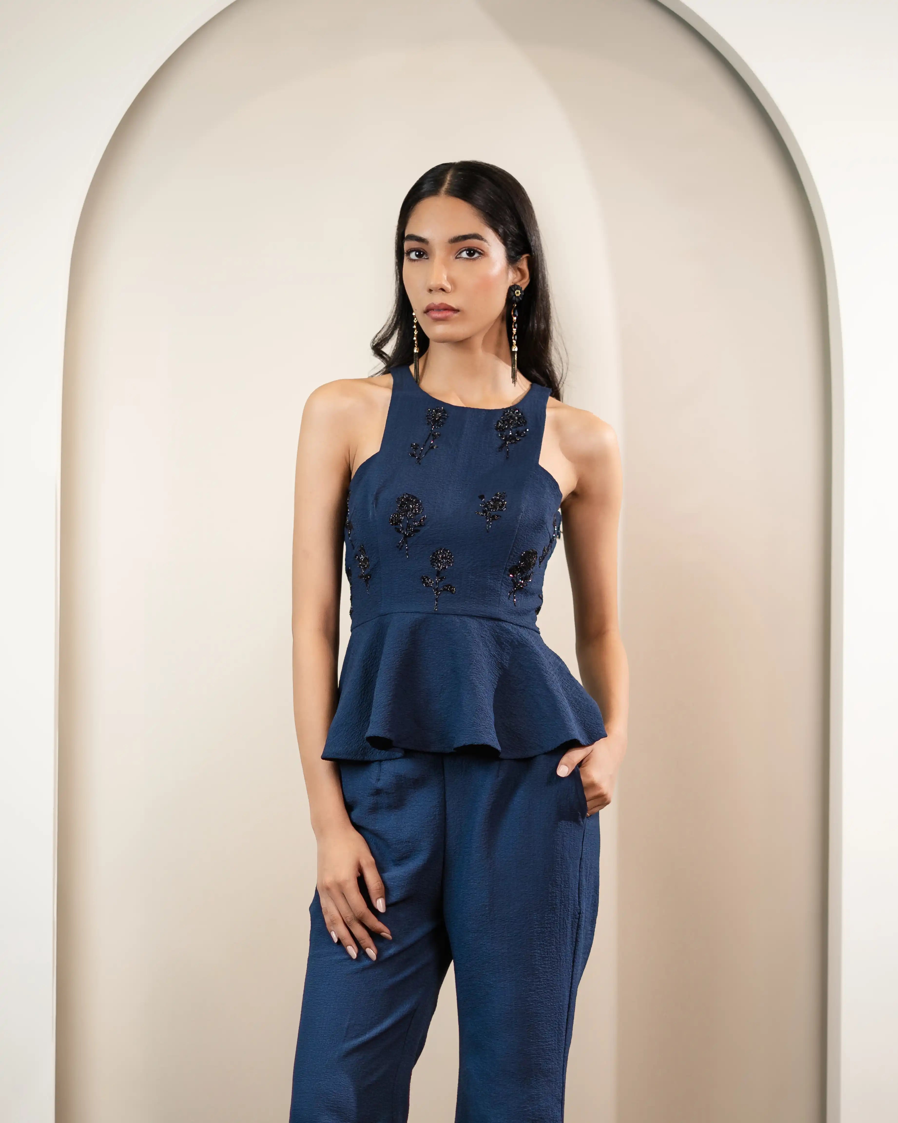 Aurora Embellished  Floral Motifs Peplum  Top