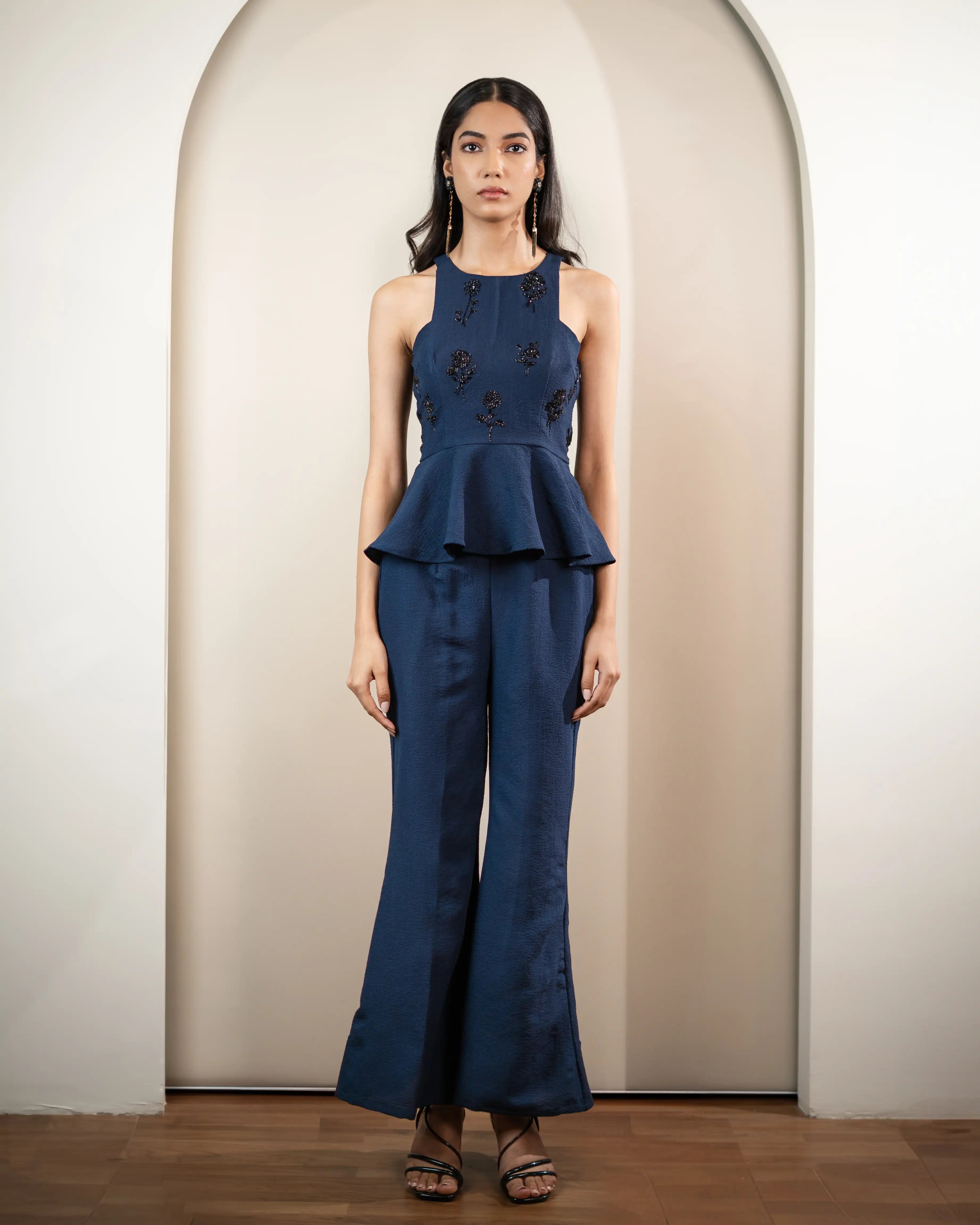 Aurora Embellished  Floral Motifs Peplum  Top