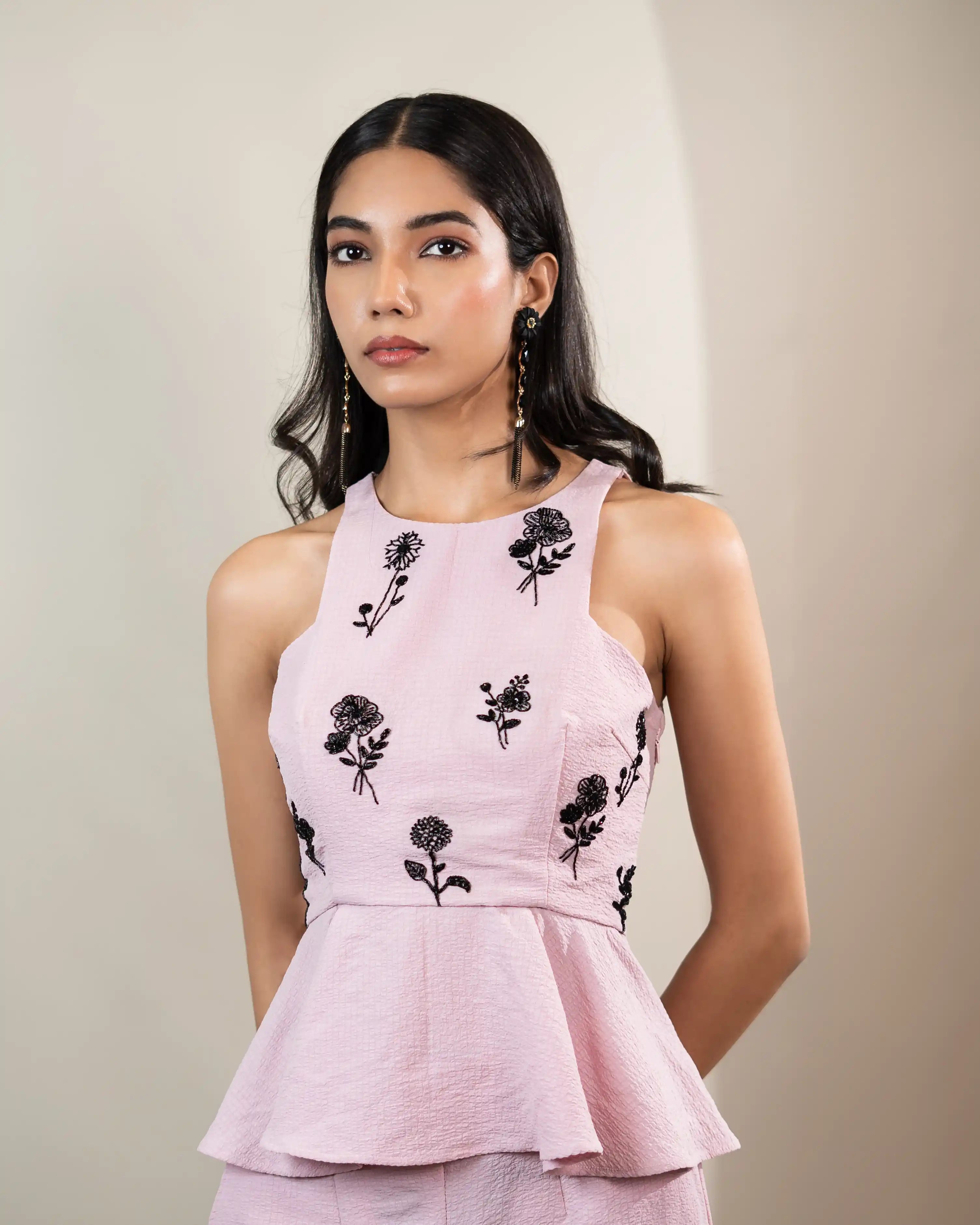 Aurora Embellished  Floral Motifs Peplum  Top