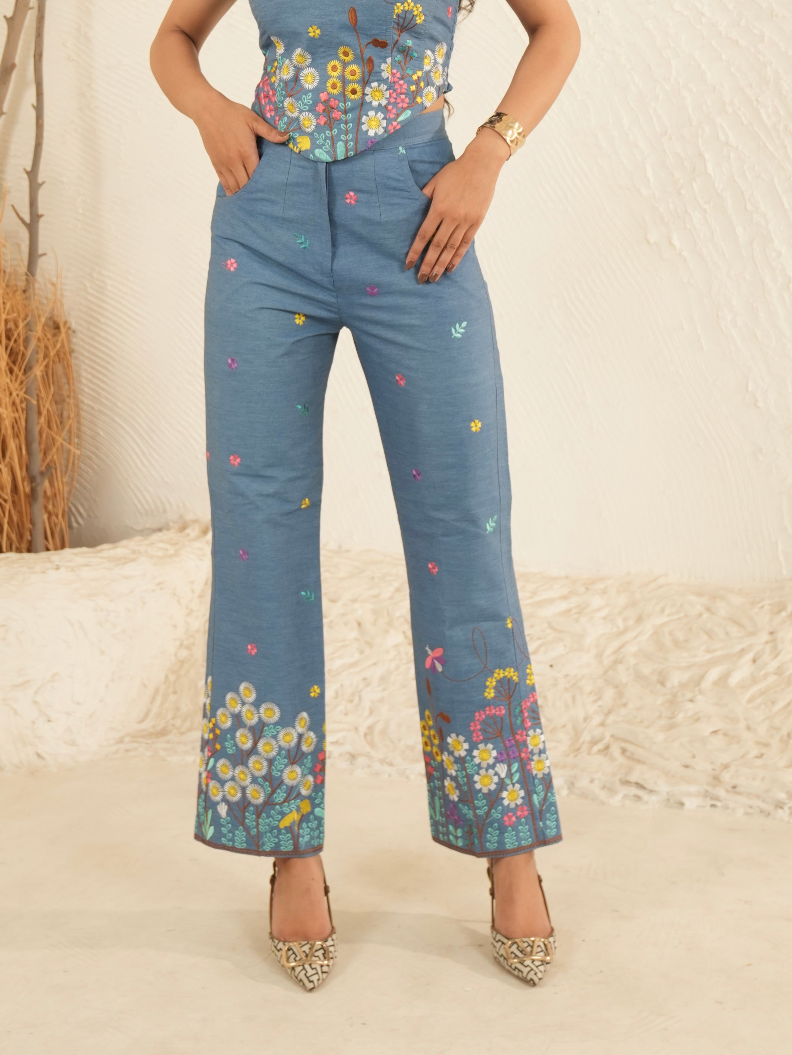 Wildflower Denim Embroidered Pants